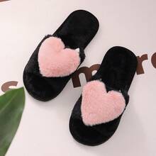 女士毛绒爱心形露趾拖鞋，适合室内居家穿着，情侣拖鞋 - 粉色 - 查看 11