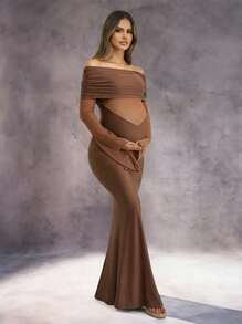 Irresista Elegant Off-Shoulder Maxi Maternity Dress, Long Ruched Sleeves, Fishtail Hem, Knitted Fabric, Stretchy & Comfortable - Brown - View 1