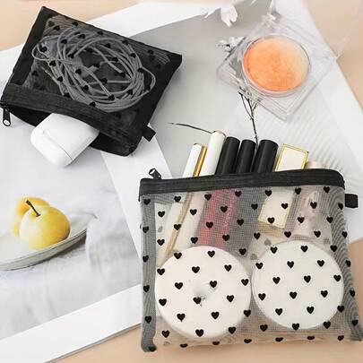 Random Heart Print Makeup Bag Mesh Eyeshadow Brush Lipstick Storage Bag Data Cable Earphone Storage Bag