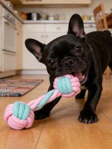 2pcs/Set Pink & Green Dog Braided Rope Ball Toys, Handmade Colorful Woven Rope Toys, Double Loop Tug Of War Toys For Small/Medium Dogs, Chew Toys For Dental Care - Multicolor - View 3