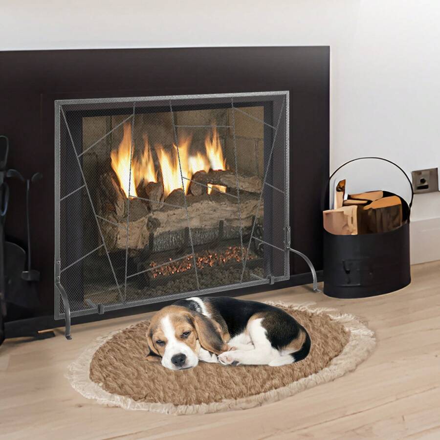 Fireplace Screen Single Panel, Sturdy Iron Mesh Fireplace Screen, 35.6"(L) X28.4"(H) Spark Guard Cover, Simple Installation, Free Standing Fire Fence Grate For Living Room Home Decor Modern - Structured Black - View 1