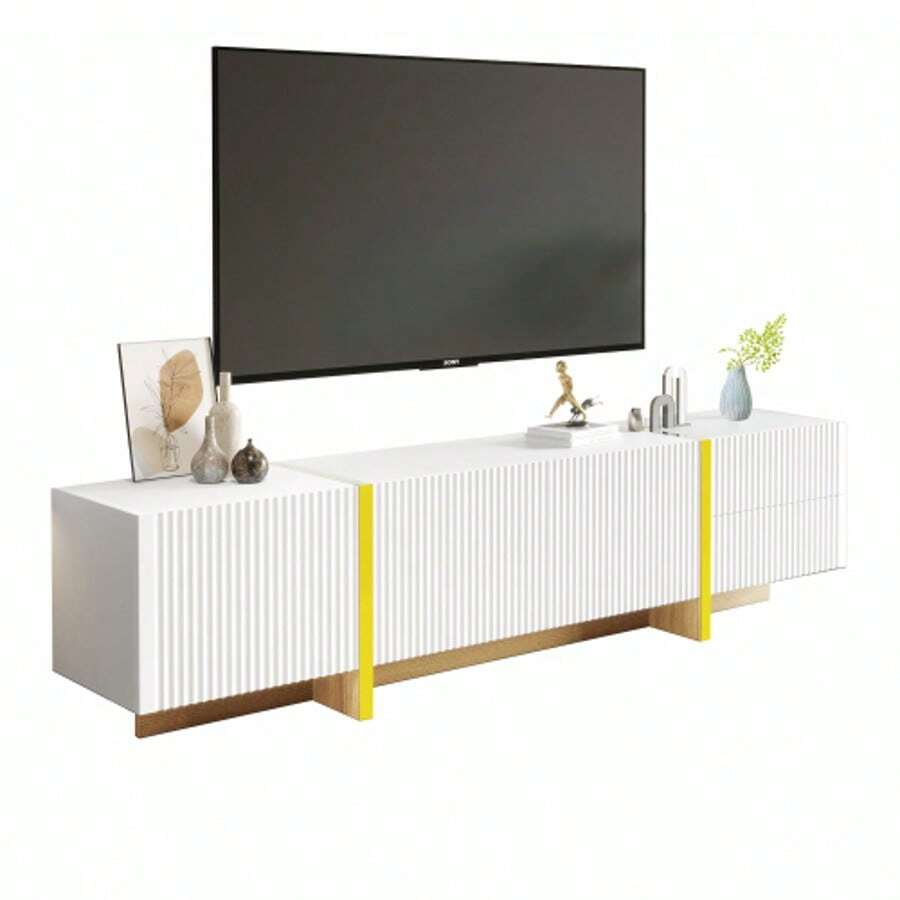 TV Unit 190 Cm, 3 Doors, 2 Drawers, White With Gold And Wood-Effect Finishes - White - View 1
