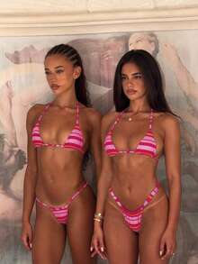 女士夏季度假泳装系列，条纹细肩带三角比基尼两件套，性感修身女士泳衣，撞色条纹比基尼套装，沙滩度假时尚泳装套装 - 彩色 - 查看 2