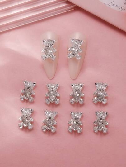 10 miếng dán móng tay hình gấu đính đá hình trái tim, trang sức móng tay hình gấu dễ thương, đá trang trí móng tay, dụng cụ tự làm móng nghệ thuật, phụ kiện móng tay bằng kim loại dành cho nữ/bé gái.