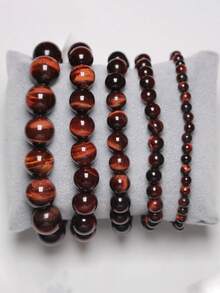 1pc Red Tiger's Eye Stretch Bracelet, Natural 8mm Gemstone Beaded Bracelet, Grounding & Confidence, Healing Crystal Energy Jewelry For Women Men, Gift For Her, Gift For Him - Burgundy - View 5