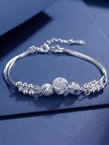 1pc S925 Sterling Silver Three Lives Three Worlds Beaded Bracelet, Women's Minimalist Round Multi-Layer Luxury Auspicious Bead Bracelet Accessory Gift - Three-layer - View 1