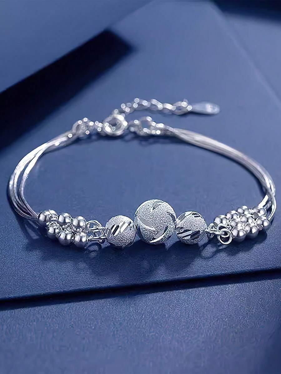 1pc S925 Sterling Silver Three Lives Three Worlds Beaded Bracelet, Women's Minimalist Round Multi-Layer Luxury Auspicious Bead Bracelet Accessory Gift - Three-layer - View 1