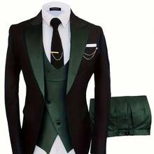 Formal 3 Pieces Set, Men's One Button Jacket & Slanted Lapel Vest & Pants Suit Set For Business Dinner Wedding Party -  For Men - Suitable For Formal Occasions - Perfect Gift For Business Professionals - 墨綠色 - 查看 1