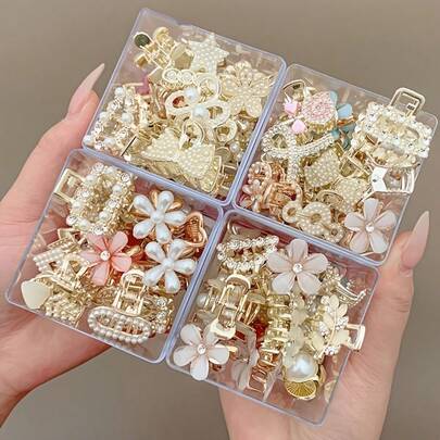 48pcs Assorted Metal Small Hair Clips, 1pc Random Style, Suitable For Daily Use, Elegant Minimalist Hair Accessories; Multiple Styles + Pearl/Crystal Decor + Gift Box, Featuring Exquisite Design, Cost-Effective And Versatile