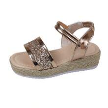 女童闪亮银色厚底凉鞋 - 金属搭扣沙滩拖鞋，派对和度假必备鞋款 - 杏色 - 查看 7