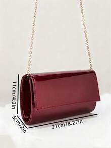 2025新款时尚银色金属晚宴包，女士PU皮革亮面镜面翻盖手拿包，优雅派对单肩包配链条钱包 - 酒紅色 - 查看 6