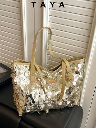 New Fashionable Sequin Tote Bag, Zipper Opening, Lightweight Minimalist, Soft Oversized Capacity Shoulder Bag, Suitable For Women's Daily Life, Casual, Commuting, Work, Vacation, Party And Student Use