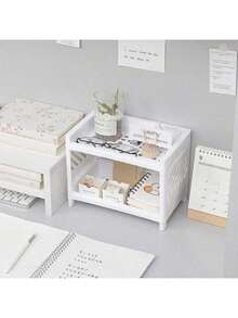 1pc White Plastic Dual-Layer Desktop Storage Box, Suitable For Back To School - A - View 7