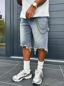 Light Blue Frayed Hem Denim Shorts, Straight Leg Casual Shorts With Asymmetrical Frayed Hem And Natural Fading, Versatile Fashionable Style For All Seasons - 藍色 - 查看 5
