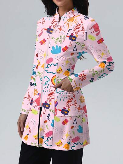 cimmuovere Women's Printed Zip Front Scrubs Jacket With Pockets, Workwear For Nurse, Dentist, Healthcare, Pet Hospital, Laboratory