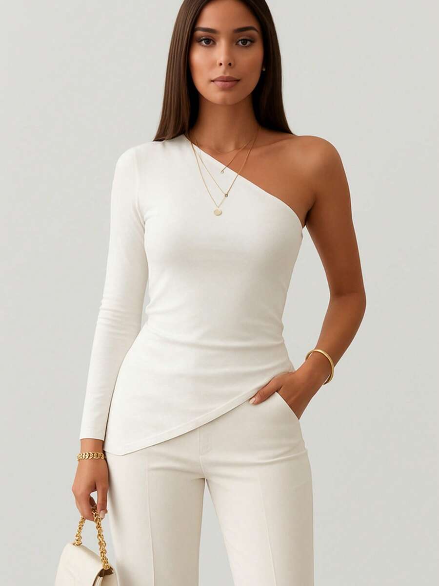 Women's Asymmetrical Blouse, One-Shoulder Sleeve, Long Ribbed Knit, Premium Basic, Stylish, Casual - trắng - Xem 1
