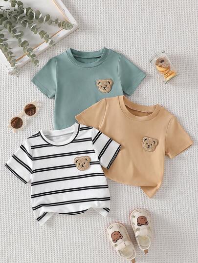 3pcs/Set Baby Boys' Minimalist Round Neck Short Sleeve Bear Graphic T-Shirts, Fashion Versatile Baby BoyClothing For Spring/Summer, Suitable For Daily, Party, Outdoor Play