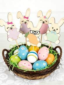 4pcs Unfinished Wooden Easter Bunny Decorations With Ribbons, Wooden Bunny Slices And Figures For Painting, Spring Decor, Easter Party DIY, Multi-Functional Home Decor, Suitable For All Seasons, Adding Natural Artistic Atmosphere - Multicolor - View 3