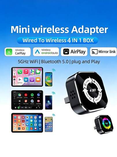 四合一无线 CarPlay 适配器 | 支持 iOS 10+ 和 Android 11+ 的屏幕镜像和 AirPlay，支持 2.4/5GHz WiFi 和无线 5.0，USB 供电，通用兼容性，无需电池