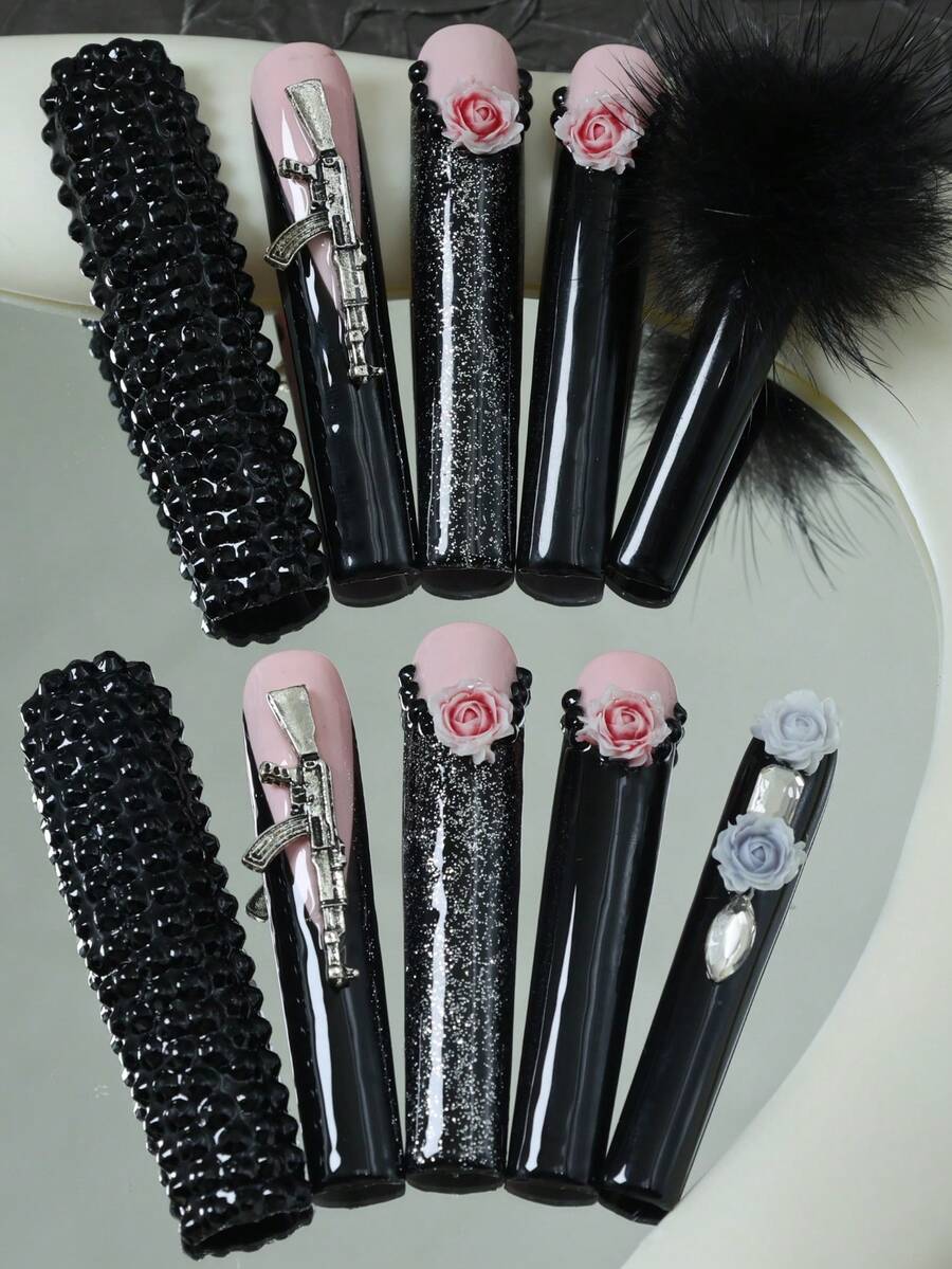 CrystalHola Valentine's Day 10 Pcs Handmade Press-On Nails, Square Long Nails, Y2K Color, Black And Pink Nail Base With Black Pom-Pom, 3D Flowers, Exquisite Accessories, Full Coverage, Removable And Reusable, Durable, Unique Summer Nail Art, A Must-Have Fashion Accessory For Parties And Weddings. Nail Supplies - Multicolor - View 1