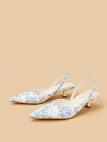 女士玫瑰印花真皮小猫跟鞋，优雅尖头高跟鞋，时尚踝带露趾高跟鞋，正式场合婚礼派对鞋（不对称饰边） - 白色 - 查看 4