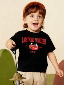 Disney Black Background Cars Lightning McQueen Print Kids' Short Sleeve T-Shirt - Playful And Cute Racing Style Top - màu đen - Xem 2