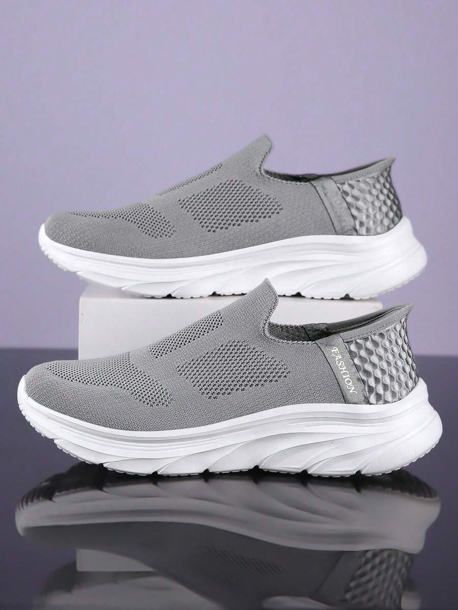 柔软厚底减震多功能男鞋，网面透气休闲鞋，轻便步行跑步鞋 - 灰色 - 查看 1