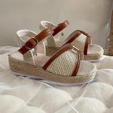 Girls' Woven Platform Sandals - T-Strap Thick Sole Sandals With Ankle Strap And Bells, Summer Straw Beach Slippers - Apricot - View 5