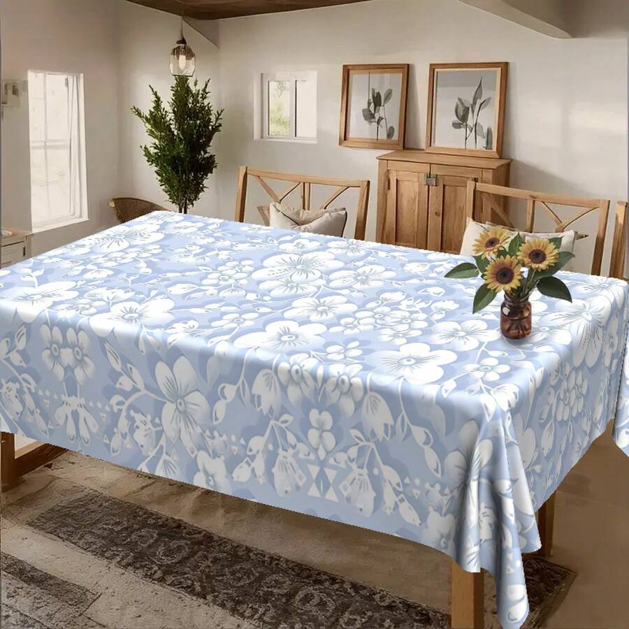 Light Blue Spring Tablecloth With White Floral Branch - Soft Rectangular Table Cover Suitable, Dining Table, Party Decor - Machine-Made Fabric, - Year-Round Use, 2D Flat - Nhiều màu - Xem 1
