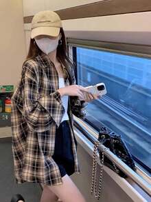 女士格子长袖 Polo 领休闲宽松衬衫，春季款 - 棕色 - 查看 2