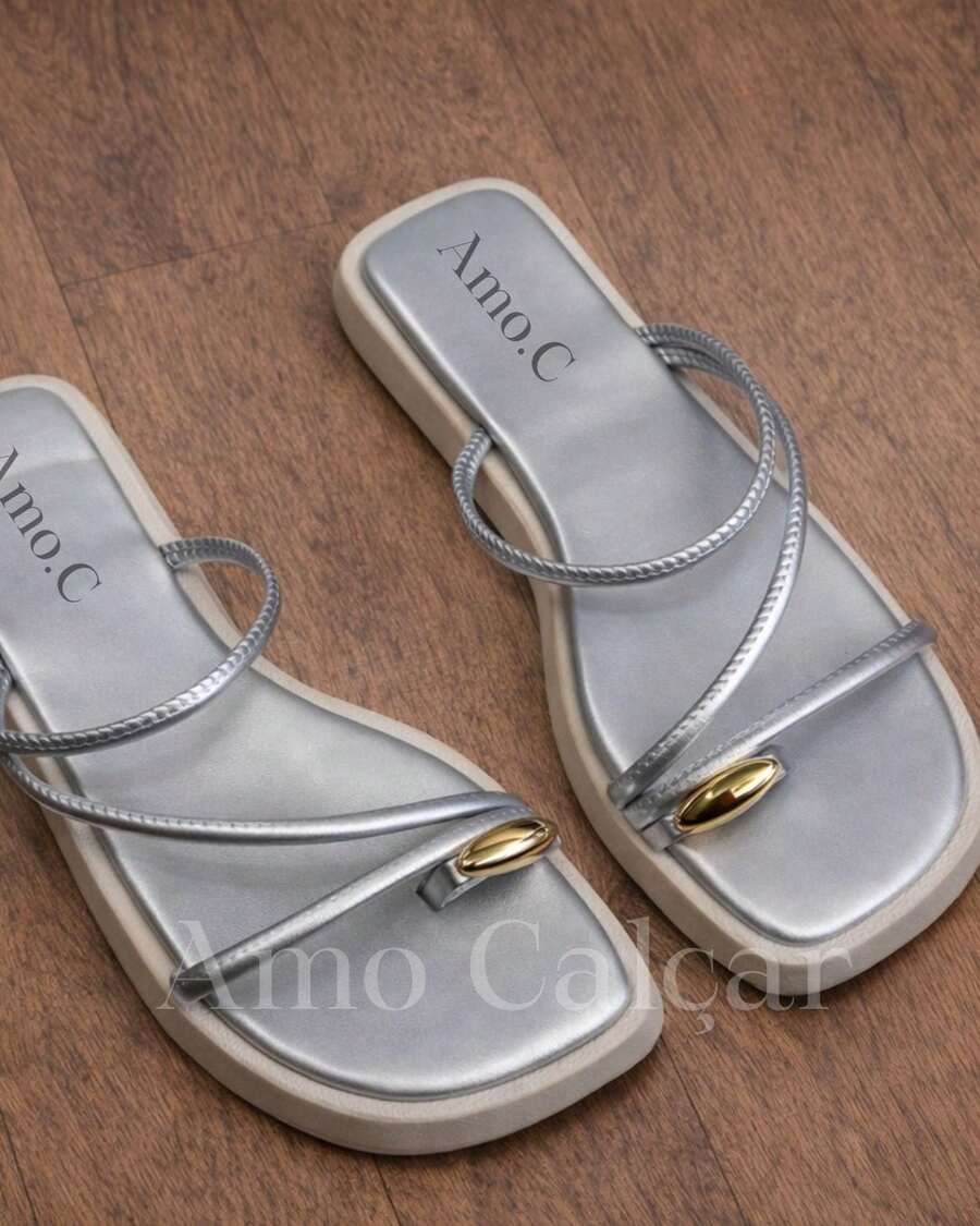 Women's Flatform Sandal With ABS Detail On The Little Toe, Elegant Women's Flat Summer - 銀色 - 查看 1
