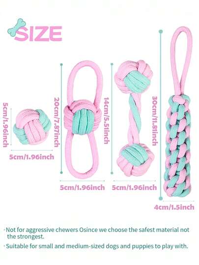 2pcs/Set Pink & Green Dog Braided Rope Ball Toys, Handmade Colorful Woven Rope Toys, Double Loop Tug Of War Toys For Small/Medium Dogs, Chew Toys For Dental Care