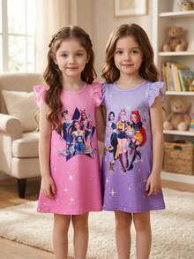 2pcs/Set Young Girl Short Cap Sleeve Round Neck Straight Dress, Fashionable Cartoon Character Print, Casual & Versatile Girls Clothing - Multicolor - View 2