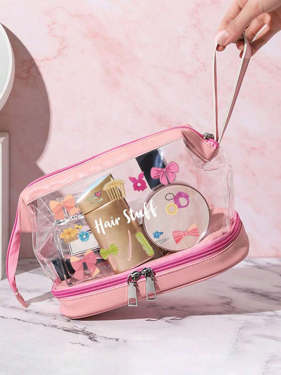Bolsa de cosméticos transparente portátil de PVC impresa con "Hair Stuff" y varios patrones de lazos, de gran capacidad con separación de capas seca y húmeda, impermeable, bolsa de viaje multifuncional para almacenamiento de cosméticos femeninos - Multicolor - Ver 1