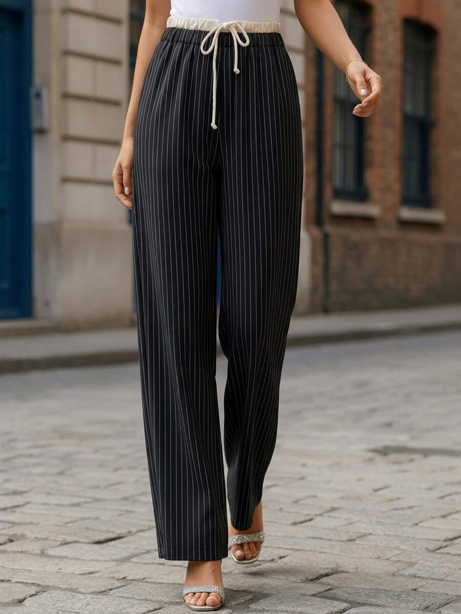 1pc Women's Striped Drawstring Wide Leg Pants, Suitable For Business, Casual, Travel, Fashion Outfit, Striped Knotted Pocket Drawstring Wide Leg Pants, Daily, Airport, Travel, School, Office, All Season - Grey - View 1
