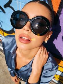 1副男女通用椭圆形大框复古街头Y2K时尚简约眼镜，适合度假佩戴 - 黑色 - 查看 3