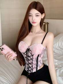 小众设计性感蕾丝吊带露脐上衣，女士休闲粉色夏季款 - 粉色 - 查看 2