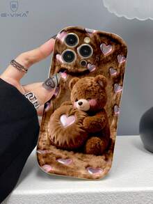 1 pieza Funda de teléfono gruesa y a prueba de golpes con estampado de oso de peluche de San Valentín 2D no 3D sosteniendo un corazón, compatible con Apple & Series - Multicolor - Ver 6