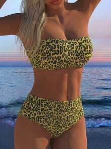 Sexy High Waist Leopard Print Halter Crop Top & Bottoms 2 Pieces Bikini Swimsuit, European & American Style - Multicolor - View 2