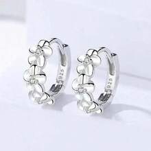 925 Sterling Silver Plated Small Rose Flower Round Hoop Earring AAA Zirconia For Women Female Charm Engagement Wedding Jewelry VCKB - 銀色 - 查看 5