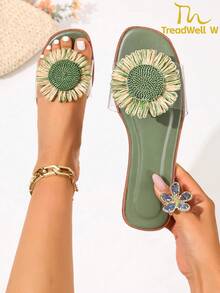 新款女士凉鞋，绿色女士平底凉鞋，纯色仙女风可爱PU皮花朵贴花女士平底凉鞋，适合度假、海滩、派对、户外活动、春夏季穿着。圆头花朵贴花设计，纯色优雅女士时尚休闲风，法式浪漫风格，适合聚会、海滩约会、宴会、日常休闲穿着。露趾防滑轻便百搭平底拖鞋，饰有花朵图案。 - 綠色 - 查看 12