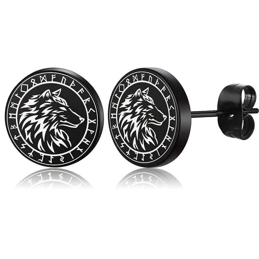 1 par de pendientes de acero inoxidable con diseño de tótem de lobo, pendientes grabados con láser y enchapados al vacío - Negro - Ver 1