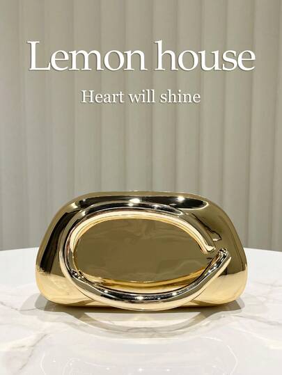 1pc Shiny Gold Metallic Reflective Hard Shell Clutch Bag, Vintage Metallic Decor Handbag, Elegant Bridal Purse With Detachable Strap, Suitable For Evening Party, Wedding, Formal Occasions