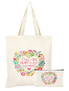 10/5/4/2pcs/1pc/Set Teacher Themed Canvas Tote Bag, Shopping Bag, Zipper Pouch, Appreciation Card, Apple Keychain Canvas Gift Set, Suitable For Back To School, Graduation, Teacher's Day, Multi-Purpose Shopping Bag, Book Bag, Stationery Pouch Set, Portable For SPA, Party, Gym, Travel, Cosmetic Organizer - Beige - View 23