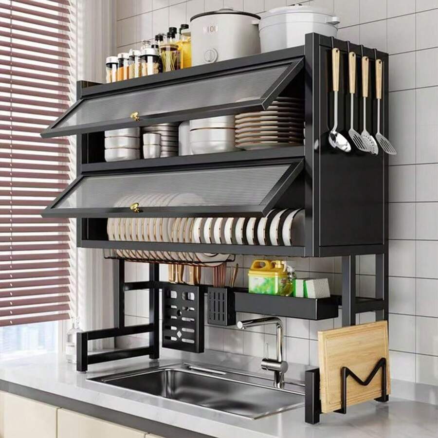 HanTai Over The Sink Dish Drainer Drying Rack, 4 Tier Full Stainless Steel Storage Adjustable Length Kitchen Rack, Multifunctional Expandable Counter Organizer, Space Saver Dish Rack - 黑色 - 查看 1