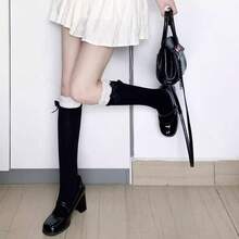1 Style Pure Desire Versatile Japanese Cotton Calf Socks Lace Trim Bow Mid-Calf Socks JK Lolita Daily Mary Jane Socks - 黑色 - 查看 4