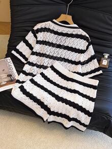 女士条纹 Polo 领短裤套装，时尚休闲宽松镂空薄针织两件套度假装，春夏款 - 白色 - 查看 3