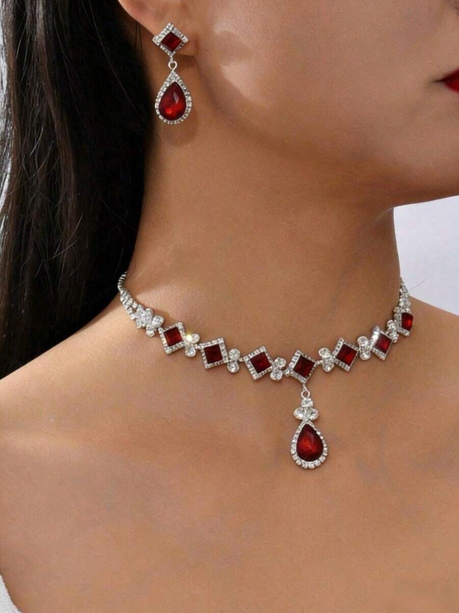 3件套女士爪链几何水滴耳环项链套装，婚礼派对节日礼物 - 彩色 - 查看 1