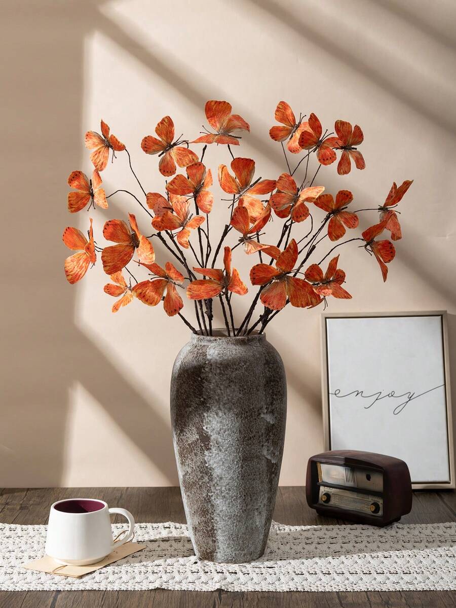 MEHELANY 2支/套 2.5英尺橙色人造蝴蝶花茎，长茎仿真蝴蝶，适合秋季桌面装饰、万圣节、婚礼、派对、户外花园装饰、DIY花环、餐桌摆件和家居装饰、感恩节装饰、秋季派对装饰、仿真花、秋季花环 - 橘色 - 查看 1