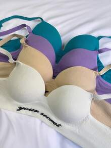 4件装女士深V性感休闲聚拢文胸，字母印花针织舒适内衣，可调节肩带和侧支撑文胸 - 彩色 - 查看 5